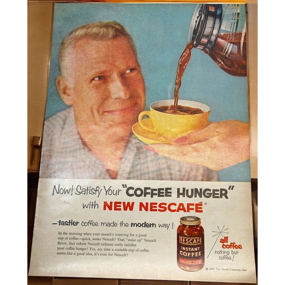 Nescafe Instant Coffee Hunger Vintage Print Ad 1950s Mid Century Kitchen Decor